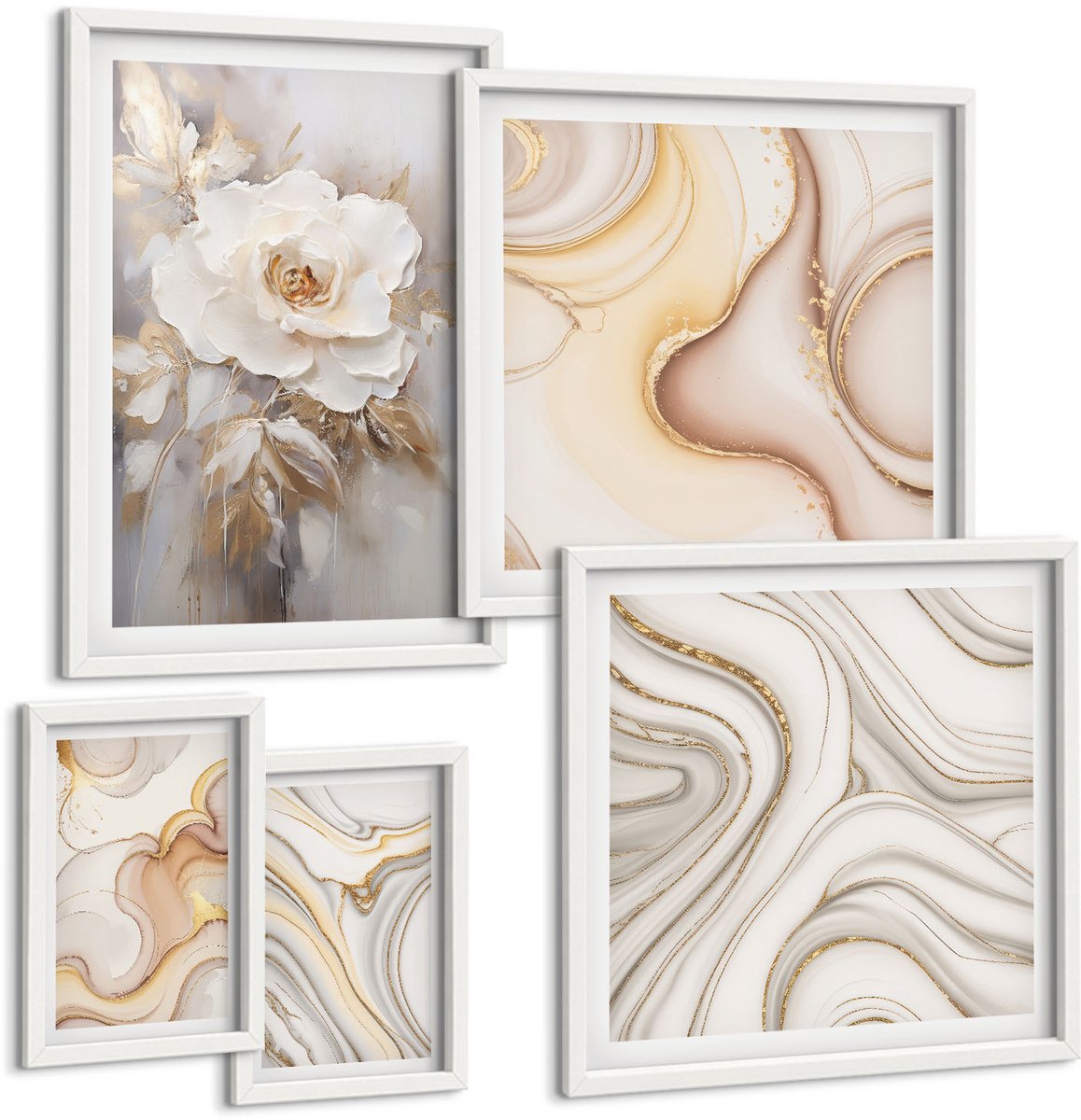 Wallfluent 5-Delige Schilderij Set - Bloemmotieven En Abstracte Patronen In Een Elegante Stijl. - 50 x 50 cm, 20 x 30 cm En 40 x 60 cm - Decoratieve Schilderijen - Woonkamer - Interieur - Wanddecoratie