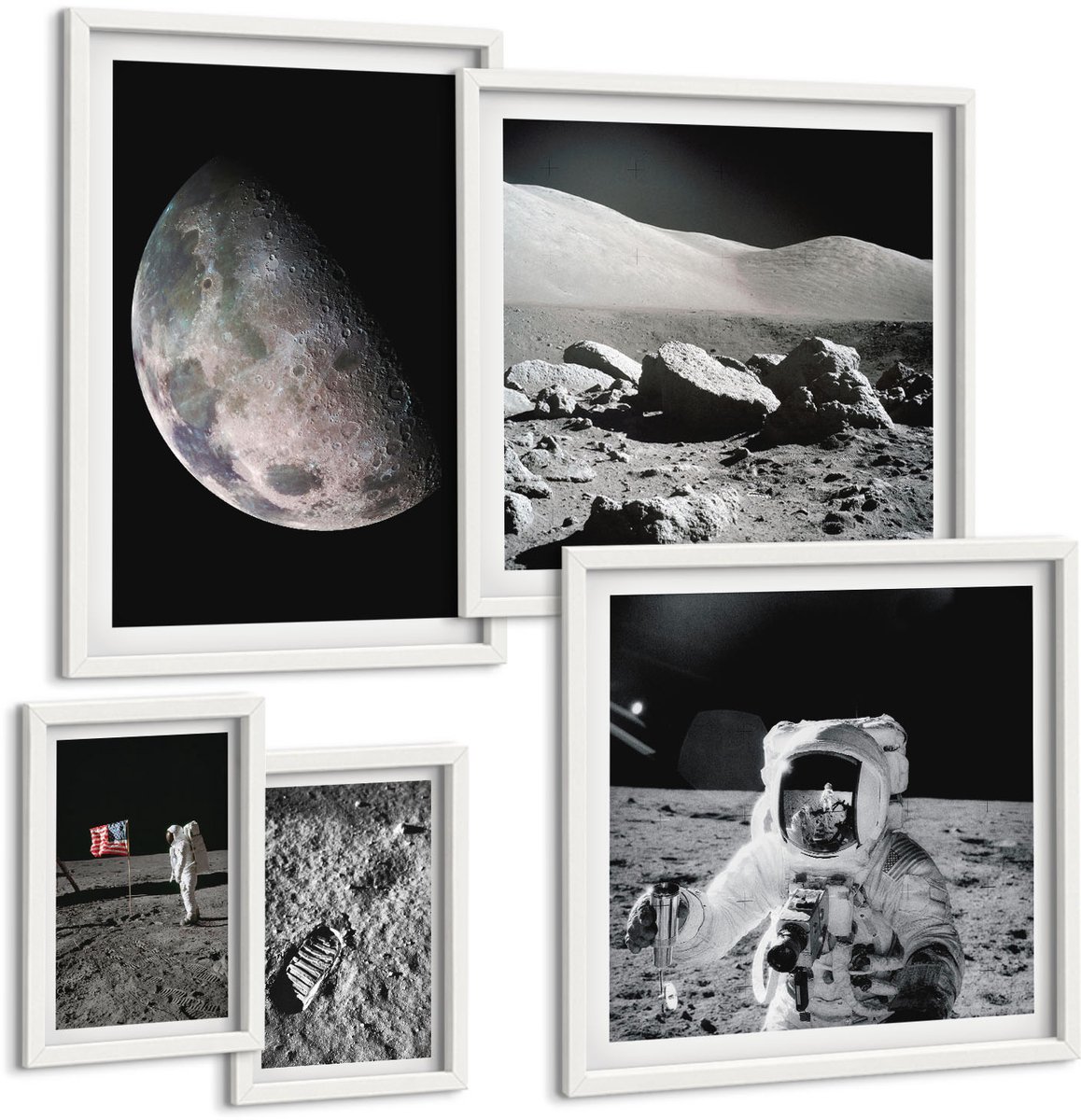 Wallfluent 5-Delige Schilderij Set - Maanlandschappen Met Astronauten En Ruimteverkenning - 50 x 50 cm, 20 x 30 cm En 40 x 60 cm - Stijlvolle Wanddecoratie - Interieur - Moderne Wanddecoratie