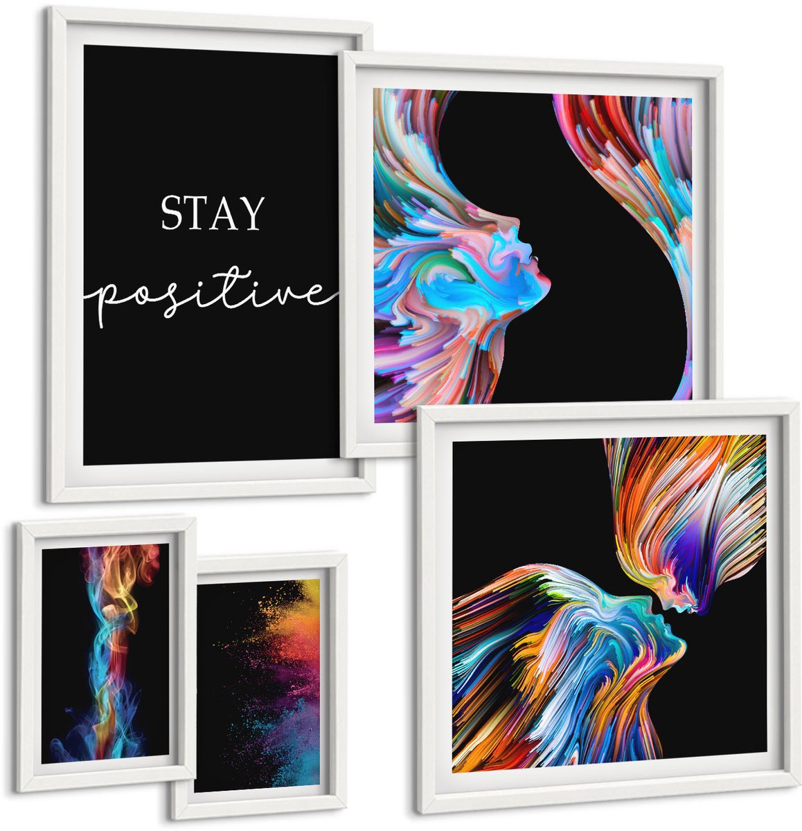 Wallfluent 5-Delige Schilderij Set - Kleurrijke Abstracte Afbeeldingen Met Positieve Slogans Op Een Zwarte Achtergrond. - 50 x 50 cm, 20 x 30 cm En 40 x 60 cm - Decoratieve Schilderijen - Wanddecoratie - Hal - Stijlvolle Muurdecoratie