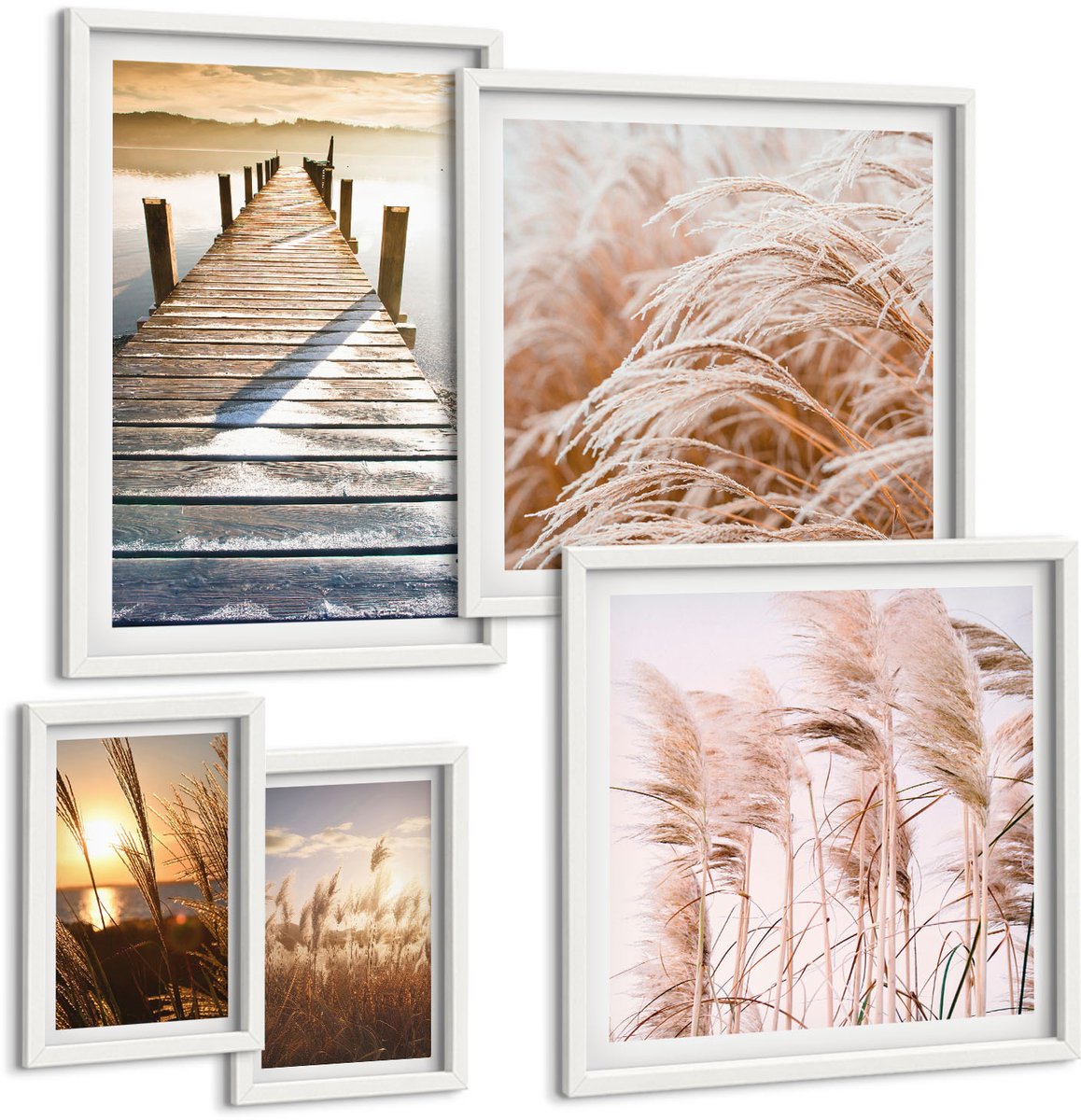 Wallfluent 5-Delige Schilderij Set - Rustgevende Uitzichten Op De Natuur En Het Water. - 50 x 50 cm, 20 x 30 cm En 40 x 60 cm - Wanddecoratie - Muurdecoratie - Woonkamer - Interieur Decoratie