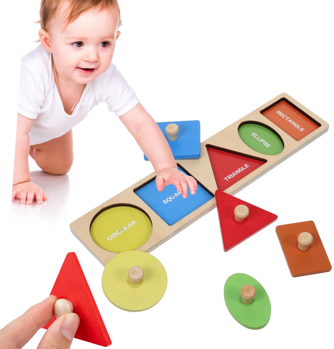 Montessori Speelgoed voor Peuters – Houten Vormenpuzzel met Kleurrijke Geometrische Vormen, Sorteerbord voor Kleuren en Vormen, Educatieve Peg Puzzel voor Baby’s en Kleuters