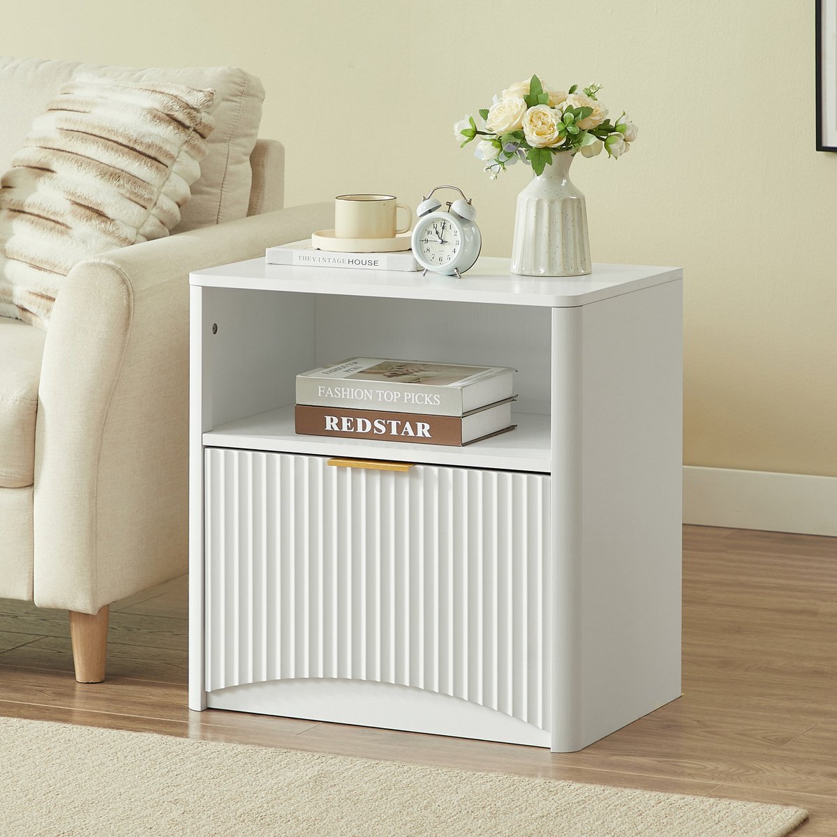 MODFU-Bedtafel-Nachtkastje-Met Lade-Open Vak-Wit-58 X 38 X 60 Cm