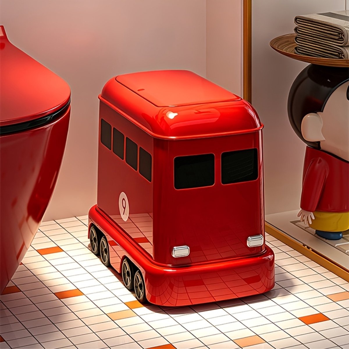 Retro bus‑vormige prullenbak met druk‑opend deksel en verrijdbare wieltjes, decoratieve afvalbak met verwijderbare binnenemmer, praktische vuilnisbak voor woonkamer, kinderkamer, kantoor en slaapkamer,12L De vuilnisbak,Rood