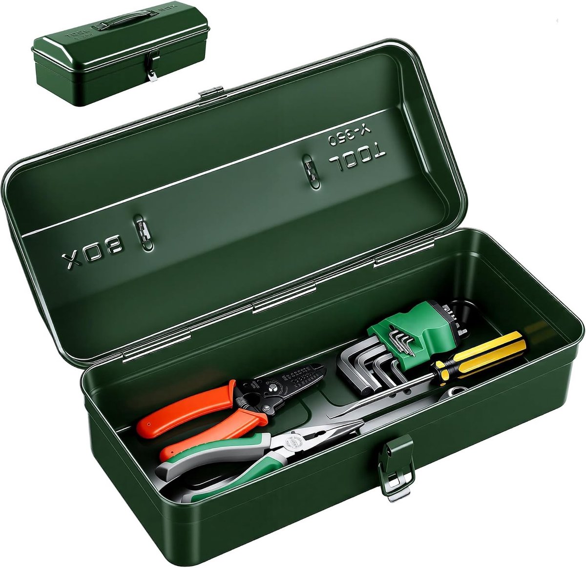 Draagbare metalen gereedschapskist met handvat, 14 inch opbergbox met deksel voor huis, garage en werkplaats, afsluitbare organizer voor gereedschap en sleutels