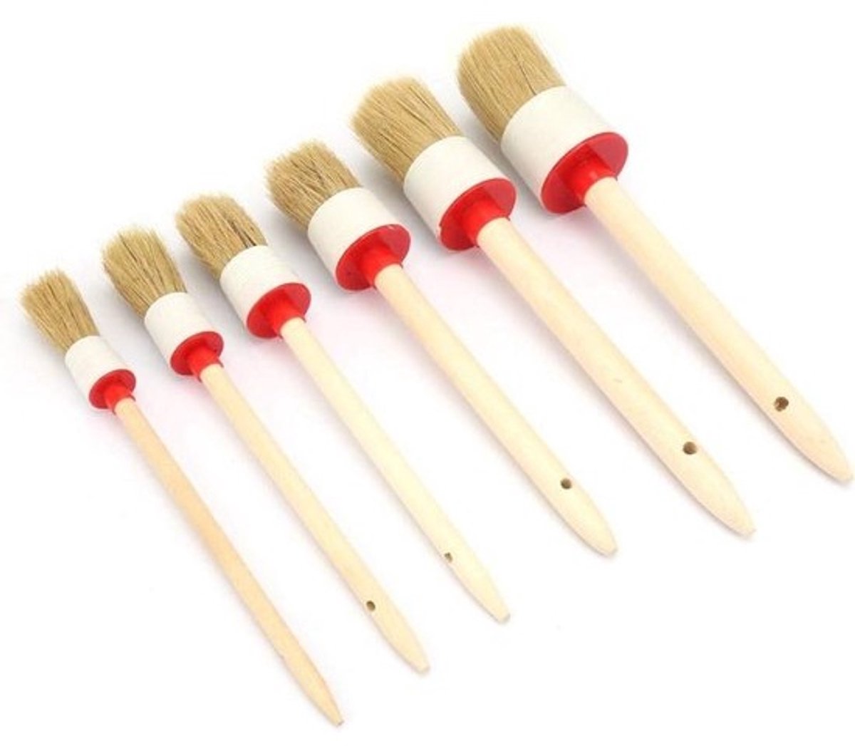 Set van 6 ronde borstels met houten handvat voor autopolijsten en verzorging