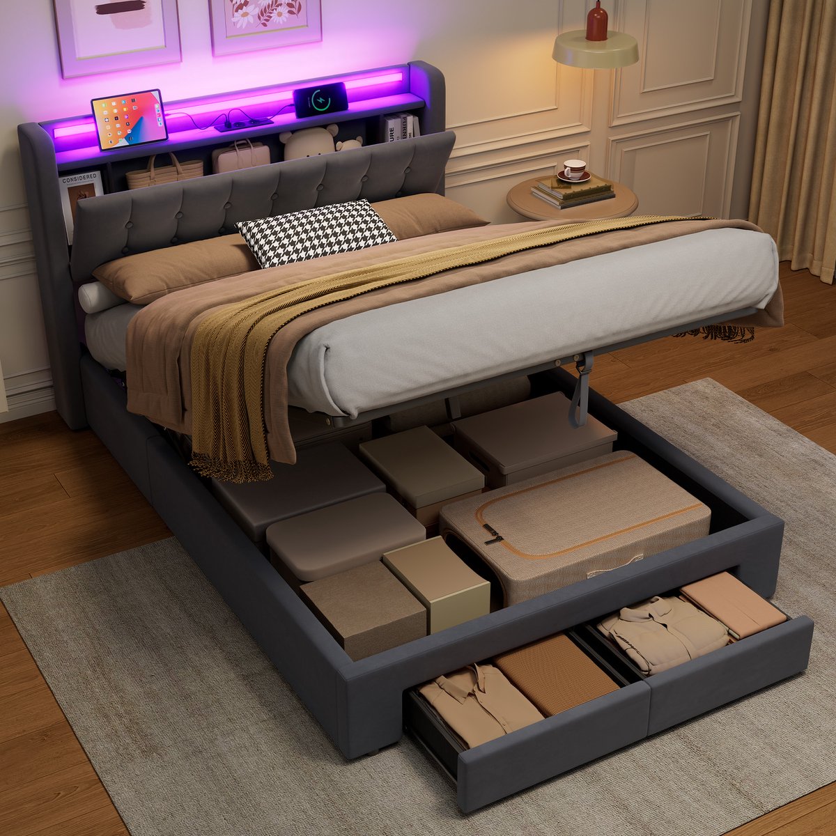 OKWISH Bedframe met Opbergruimte – 140 x 190 cm – Fluweel, Metaal en Hout – Donkergrijs – met Laden, USB-Aansluiting en LED-Verlichting
