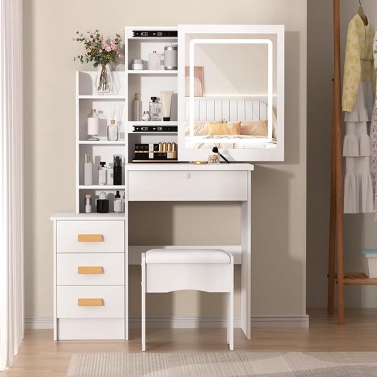 Kaptafel met Spiegel - Make-up Tafel Bureau - Slaapkamer Organizer - Verlichte Schuifspiegel - 80x40x135 cm - Wit
