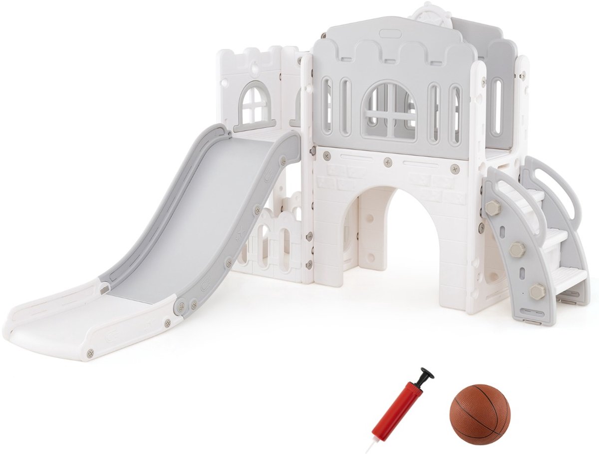 SureDeal® - Klimrekk - Kinder Glijbaan Kinderglijbaan - Basketbalring Klimrek Tunnel - Opbergruimte Grijs - 176x138x102 cm - Naturel