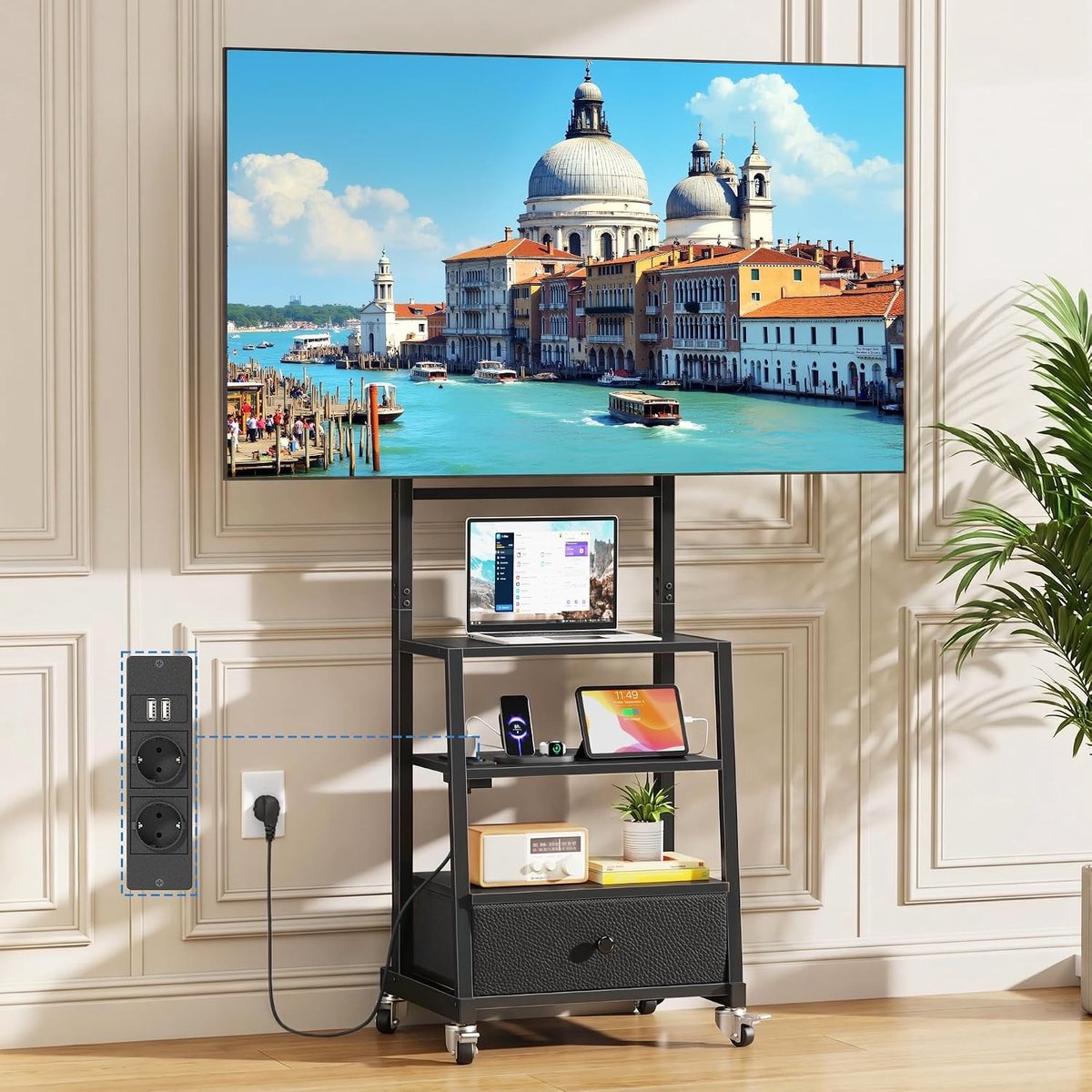 Mobiele TV Stand voor 32-75 inch Televisies met Stopcontact en Lade in Zwart