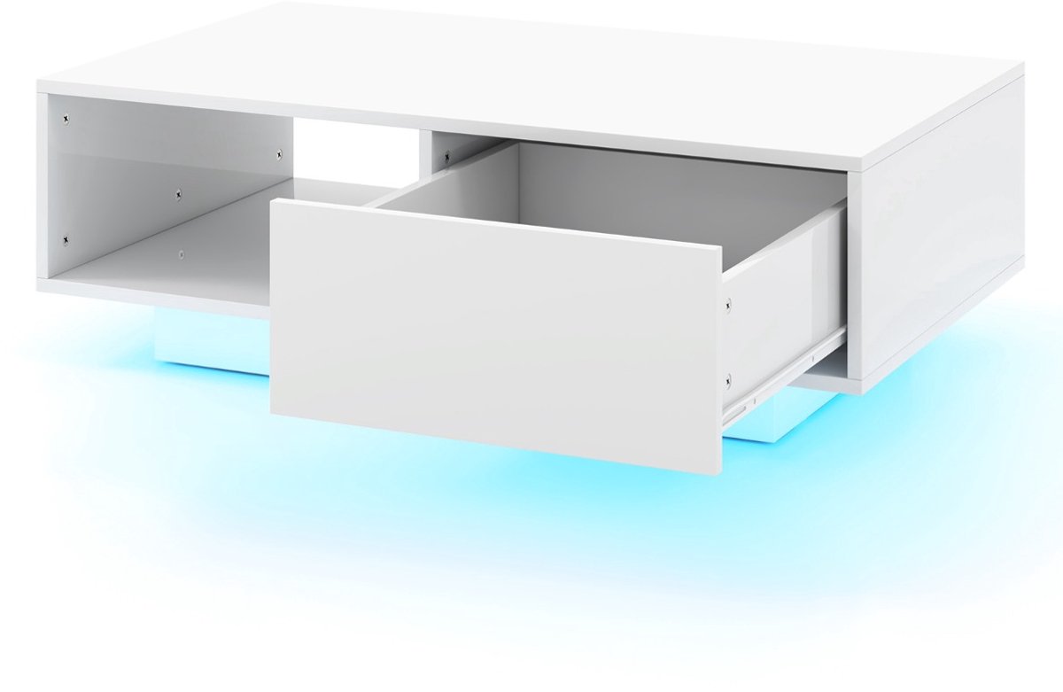 SureDeal® - Salontafel - LED Moderne Middentafel - Open Vak - Lade Accenttafel - Verlichting - Afstandsbediening - Woonkamer - 95x55x31 cm - Wit