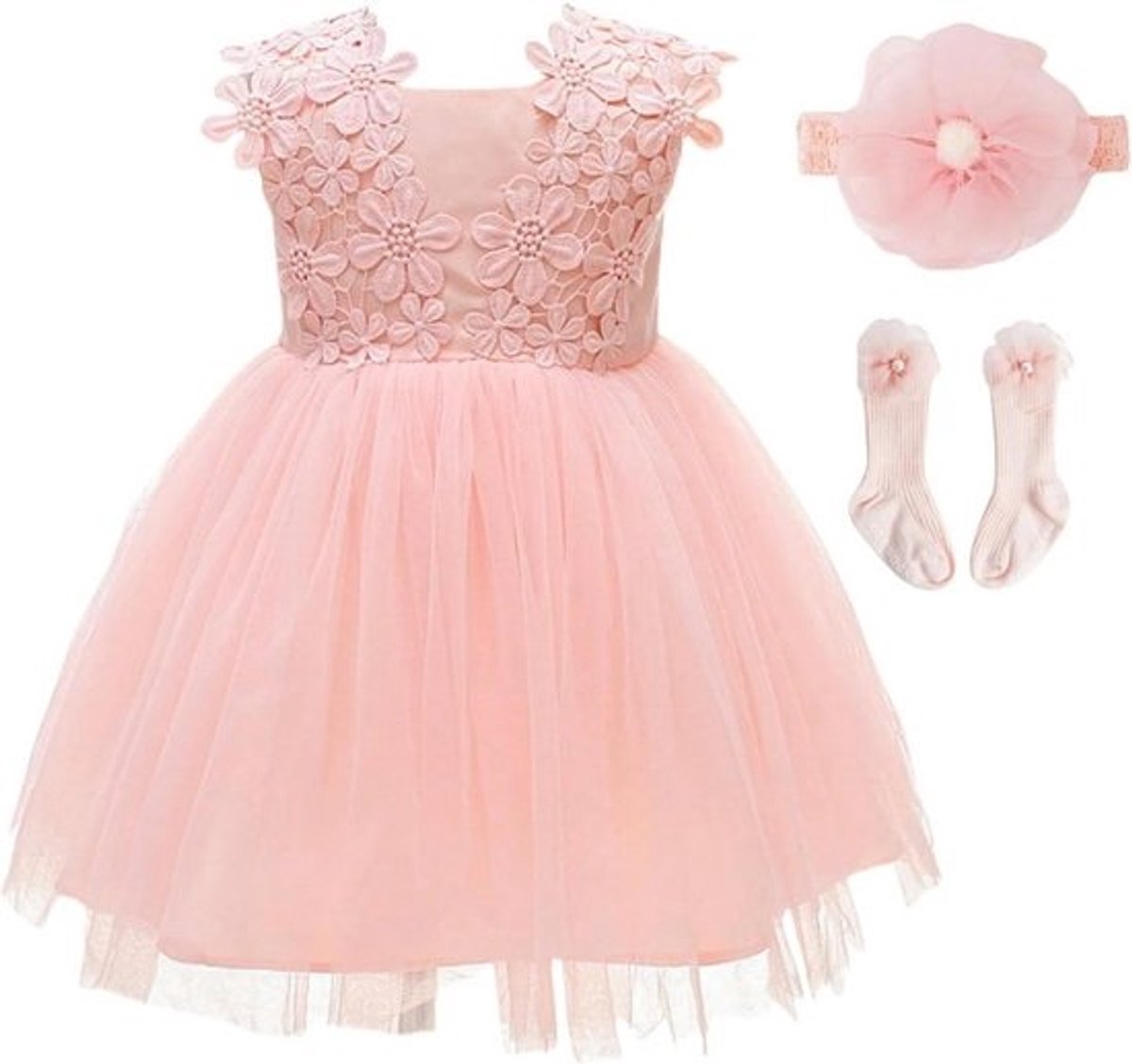 Beau meisjes verjaardagsjurk met kant - elegante doopjurk voor prinsessen in roze, voor 6 maanden