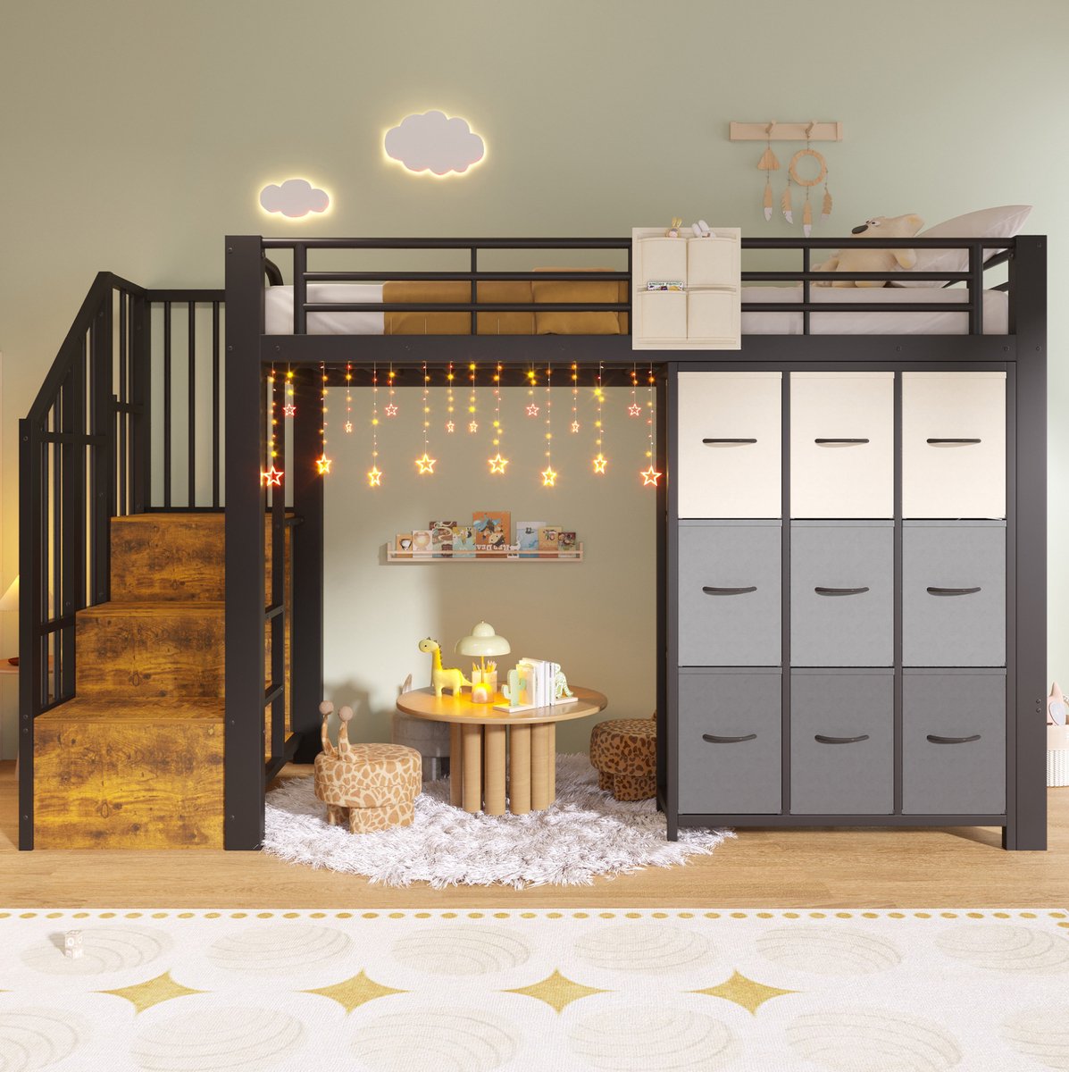 REDOM Hoogslaper bedframe met opbergruimte - Met lades en kledingstang - Trap met opbergruimte - Met uitvalbeveiliging - Zwart - 90 x 200 cm
