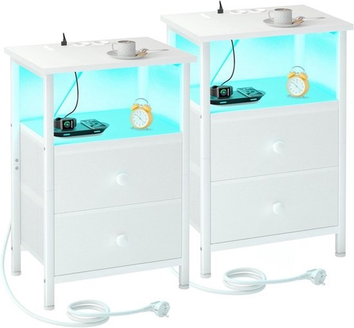 Set van 2 Nachtkastjes met Oplaadstation, LED Verlichting en Opbergladen