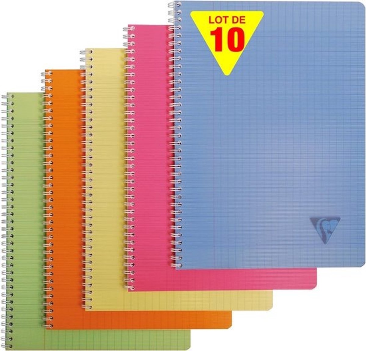 Set van 10 Spiral Notitieblokken A4 - Geruit Papier - Transparante Kaft - Gemengde Kleuren