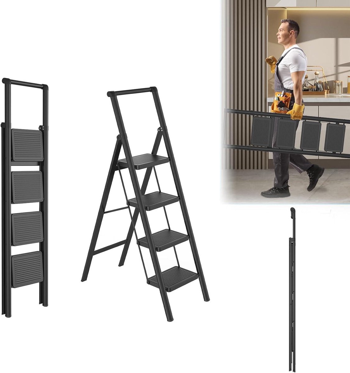 Vouwladder 4 Treden - Stevige Opstapladder - Huishoudelijk Werk - Met Veiligheidsbeugel - 250 kg Draagkracht - Zwart