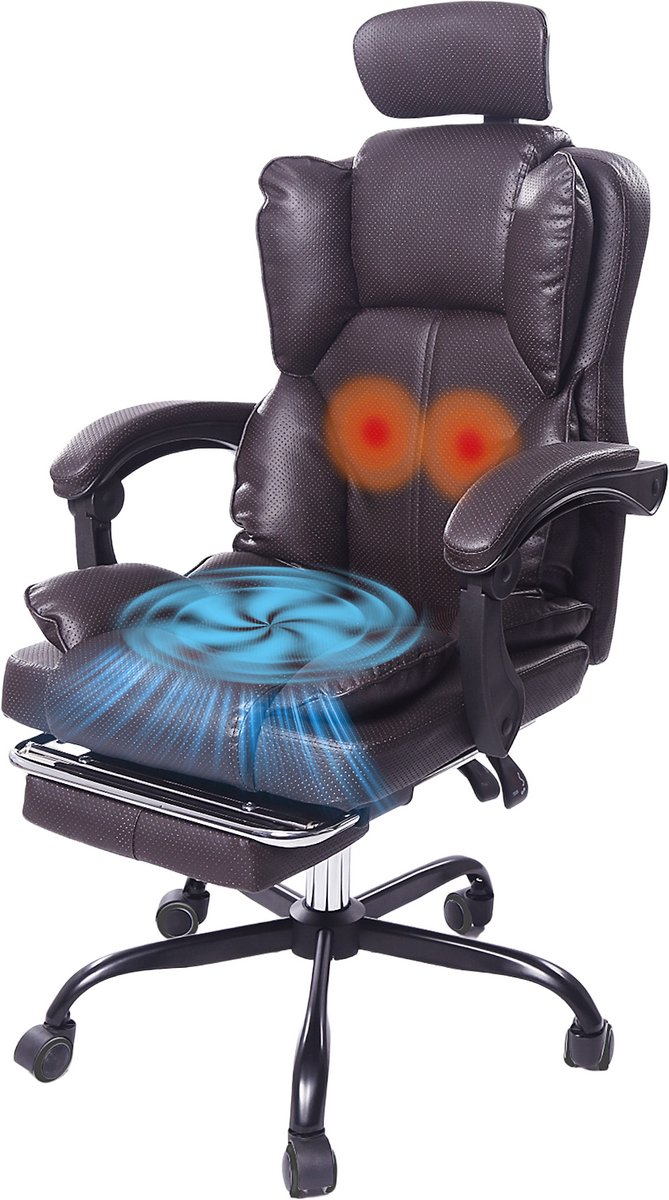 Bureaustoel Ergonomische Gaming-Stoel – Met Ventilator, Luchtkoeler & Koeling, Geventileerde Zitting, Ligfunctie, Massage, Verstelbare Directiestoel, Bruin