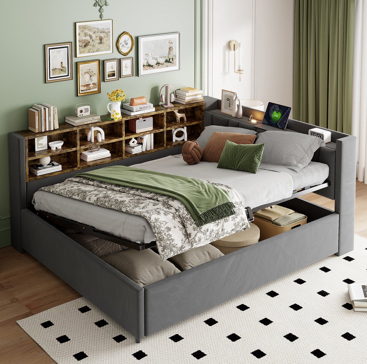 Wishdor Slaapbank 140x200 cm - Gestoffeerd met opbergruimte en nachtlamp - USB en type-c oplaadpunten - Modern grijs - Volwassenen slaapkamer gastenruimte