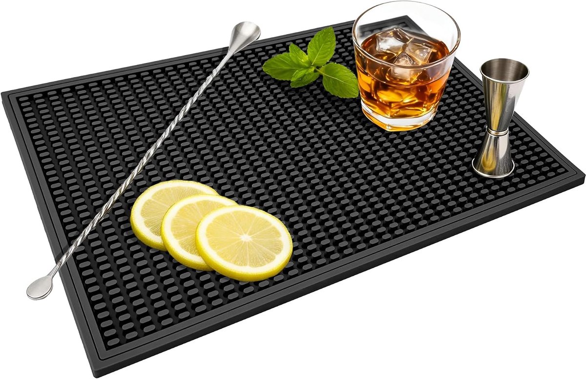 Ulisem - Bar Mat - Rubberen Barmat - 46 × 30 cm - Antislip Afdruipmat - Sneldrogende Baronderlegger - Voor Glazen Cocktailbar Keuken en Aanrecht - Zwart