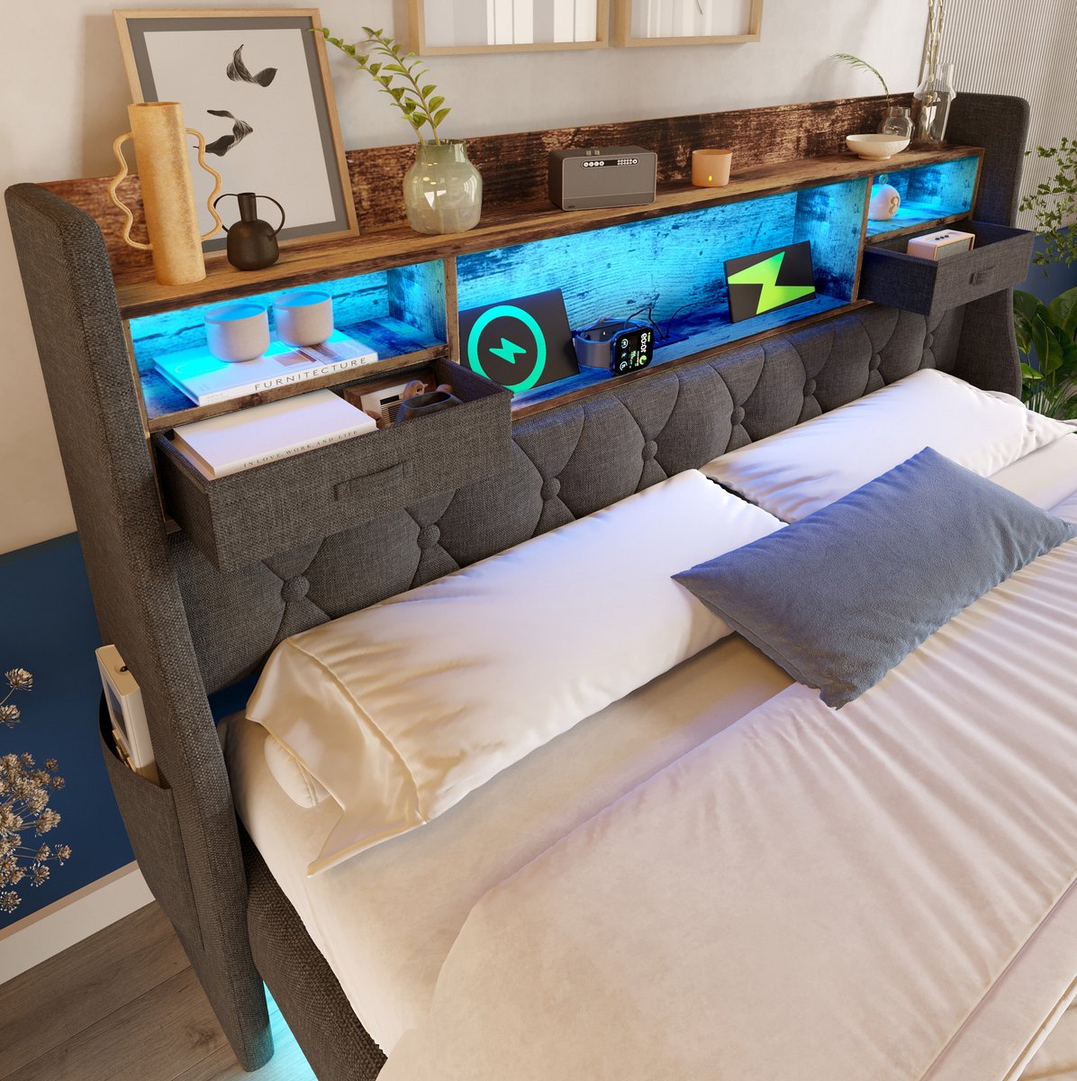 REDOM - Bed - LED-verlichting - Opbergkopstuk - Lattenbodem - Moderne stijl - Slaapkamer - Stof - Grijs - 211 x 147 x 114 cm