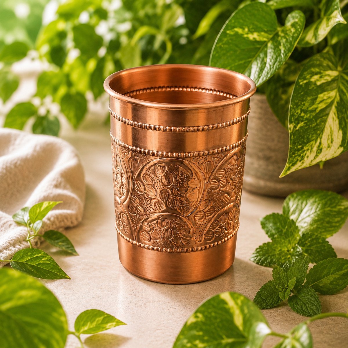 Puur koperen beker met reliëf (embossed) – 300 ml/125 g (zware uitvoering)
