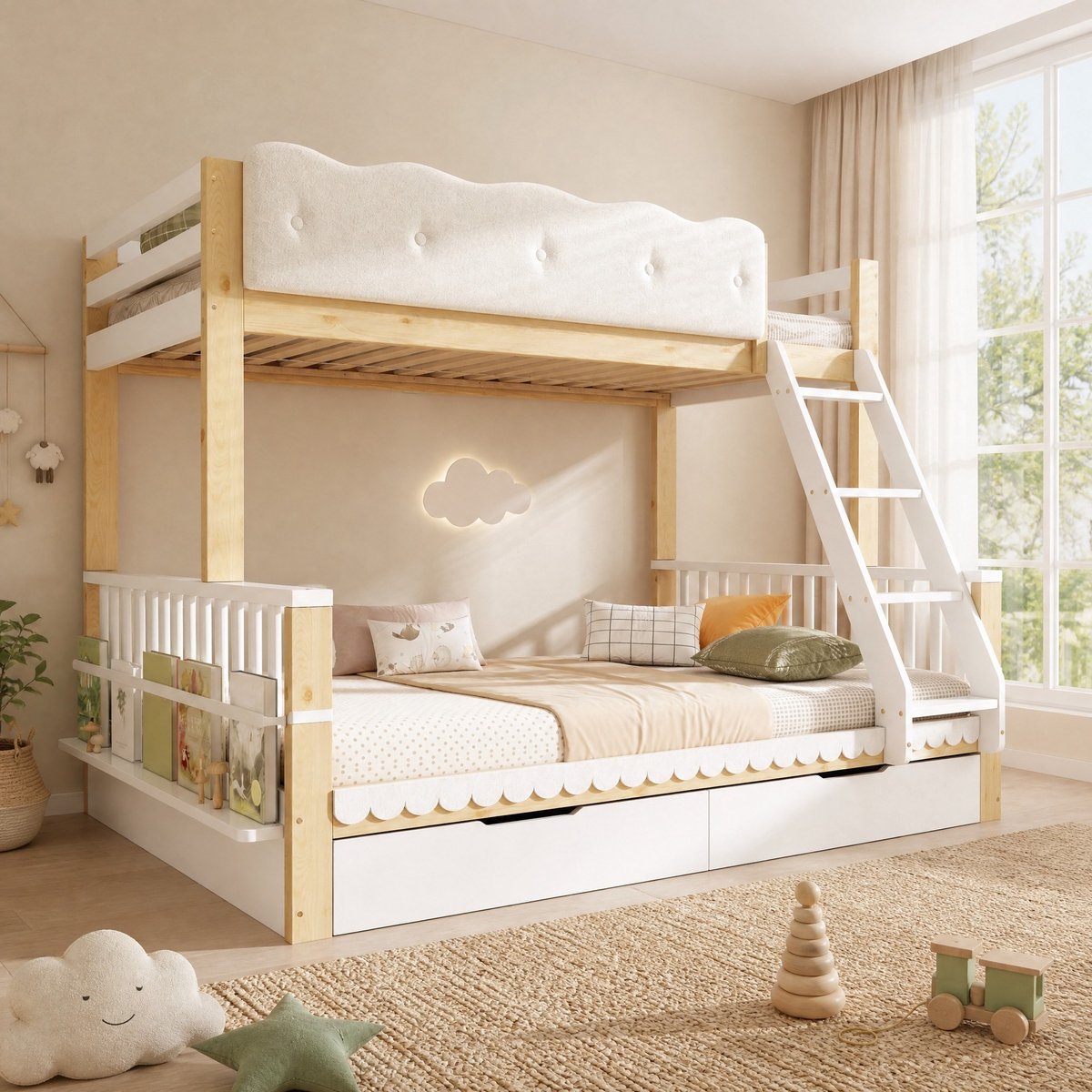 Stapelbed 90x200/140x200 cm - Met Wolkenreling, Bedladen en Opbergrek - Hout - Wit en Eiken - Zonder Matras