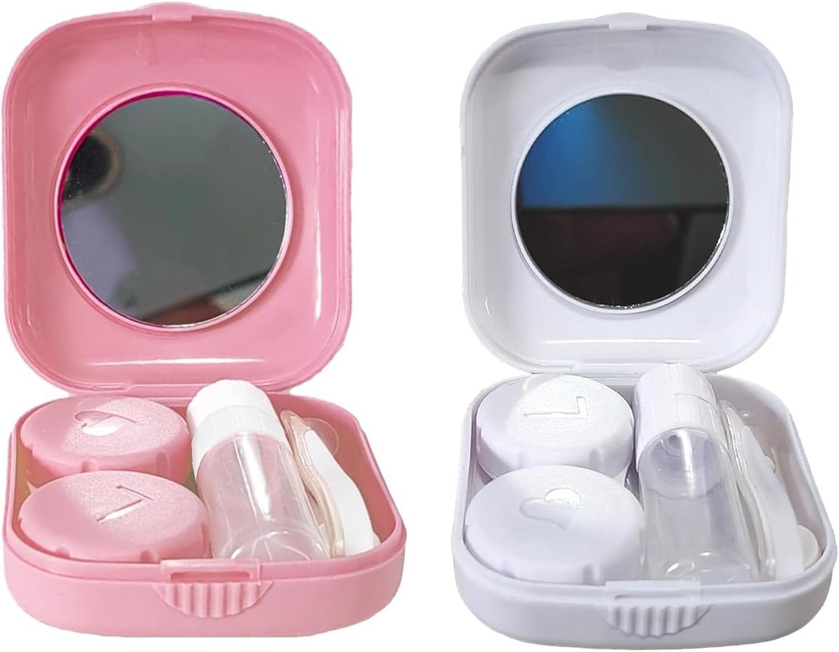 Set van 2 Brillenhoezen in Roze en Wit, Draagbare Reiskoffer met Spiegel, Pincet en Accessoires voor Brillen en Zonnebrillen