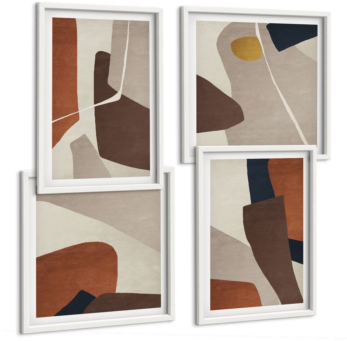 Wallfluent 4-Delige Schilderij Set - Abstractie Van Vormen En Structuren In Een Moderne Stijl - 40 x 40 En 40 x 60 - Decoratieve Schilderijen - Woonkamer - Interieur - Stijlvolle Muurdecoratie