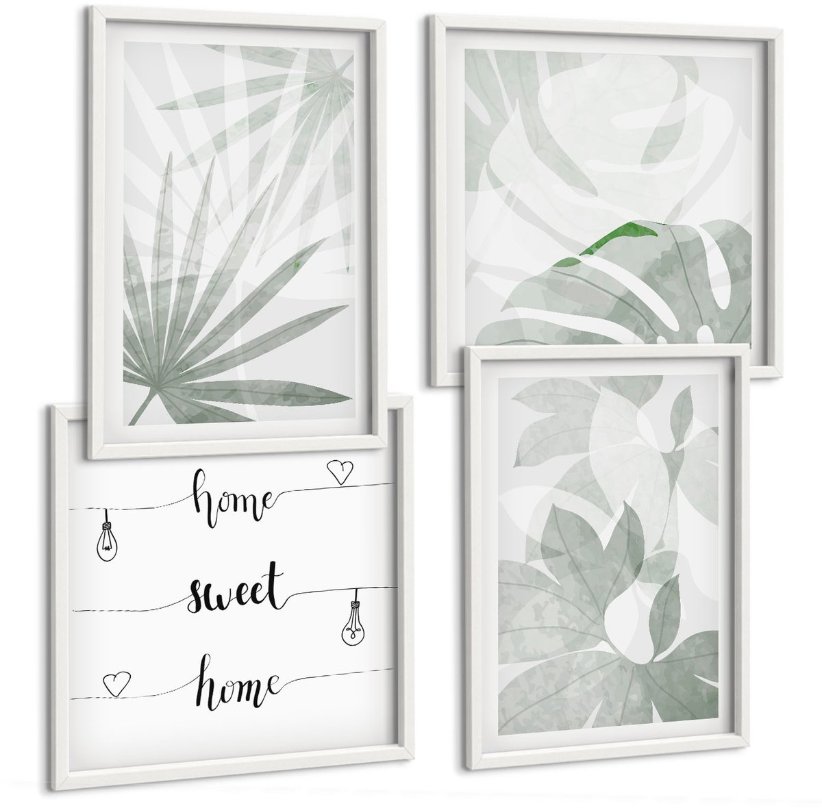 Wallfluent 4-Delige Schilderij Set - Plantenbladeren In Groene En Grijze Tinten. - 40 x 40 En 40 x 60 - Wanddecoratie - Muurdecoratie - Moderne Interieurdecoratie - Stijlvolle Muurdecoratie