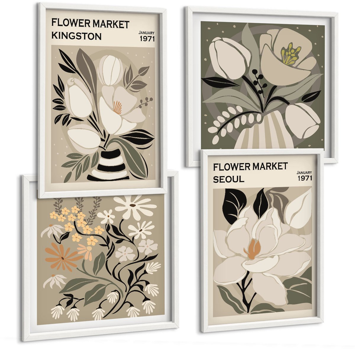 Wallfluent 4-Delige Schilderij Set - Kingston Seoul Bloemen Retro Stijl Illustraties - 40 x 40 En 40 x 60 - Muurdecoratie - Interieur Decoratie - Decoratieve Schilderijen