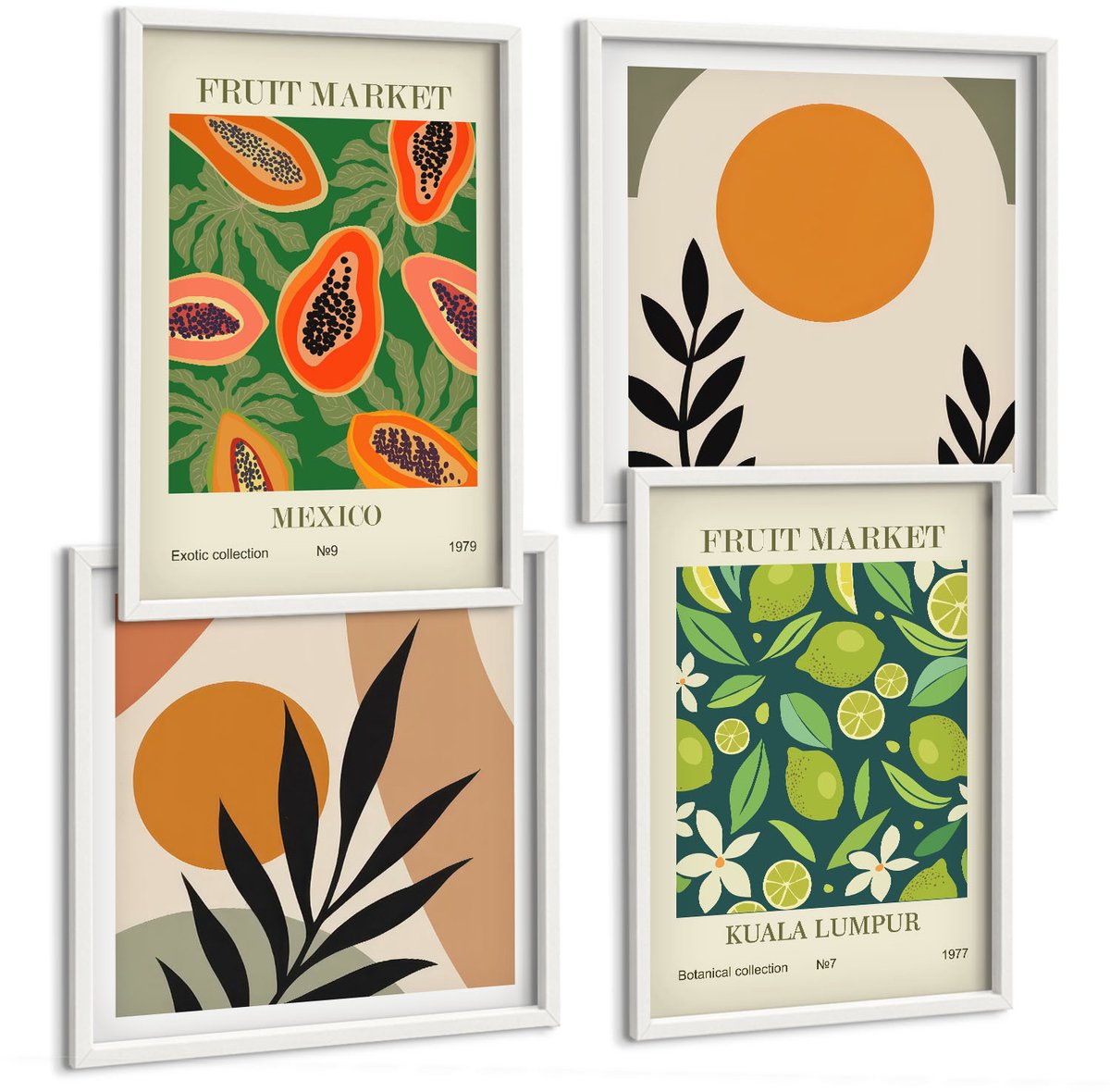 Wallfluent 4-Delige Schilderij Set - Boho Fruitpatronen Papaja'S Limoenen - 40 x 40 En 40 x 60 - Muurdecoratie - Interieur Decoratie - Stijlvolle Muurdecoratie