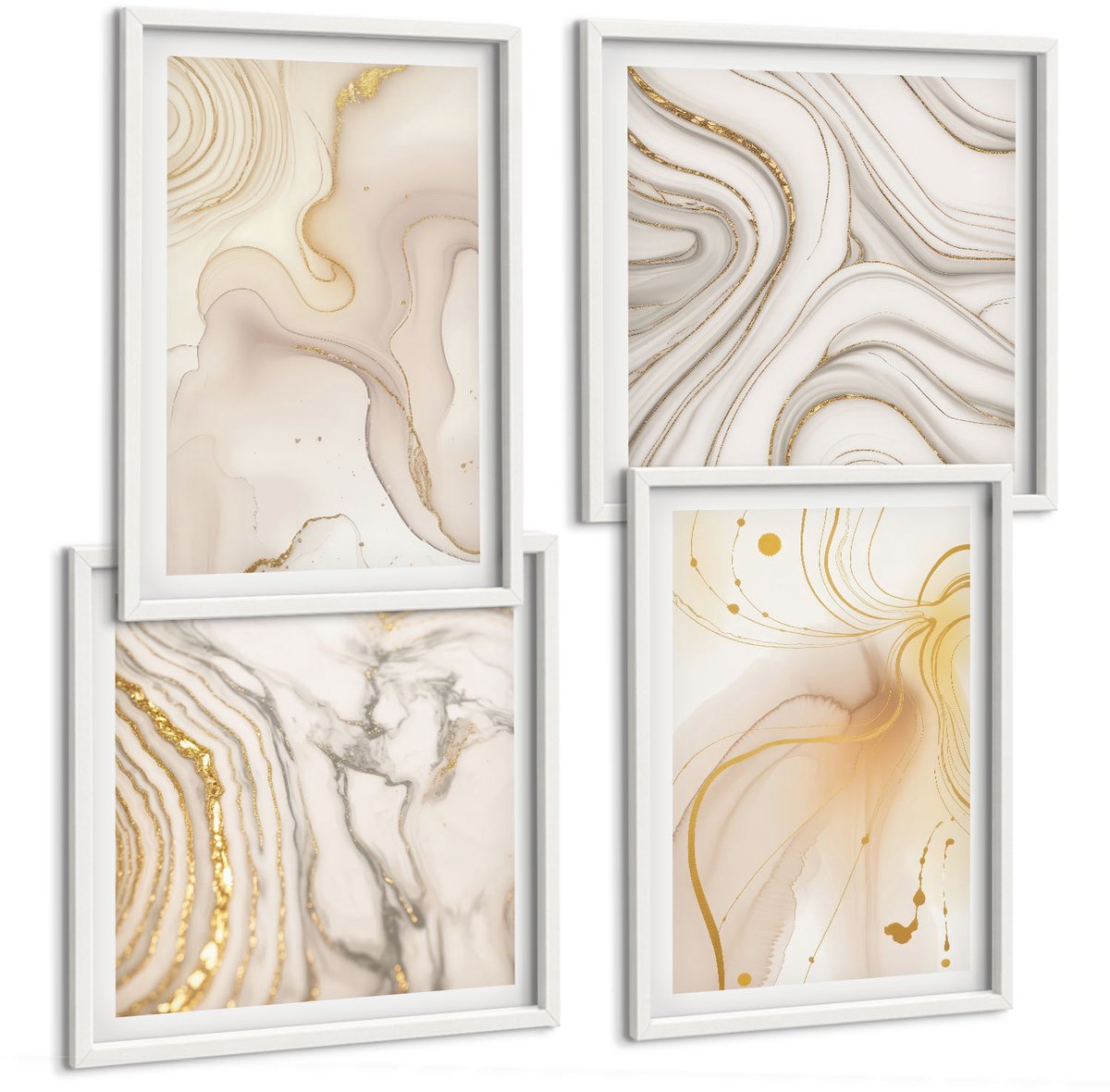 Wallfluent 4-Delige Schilderij Set - Subtiele Abstracte Verfspatpatronen - 40 x 40 En 40 x 60 - Stijlvolle Wanddecoratie - Interieur - Decoratieve Schilderijen