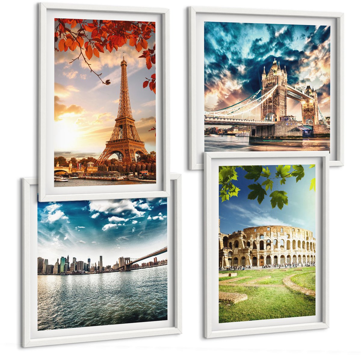 Wallfluent 4-Delige Schilderij Set - Monumenten Van Europa In De Warme Kleuren Van Het Landschap - 40 x 40 En 40 x 60 - Stijlvolle Muurdecoratie - Kantoor - Decoratieve Schilderijen