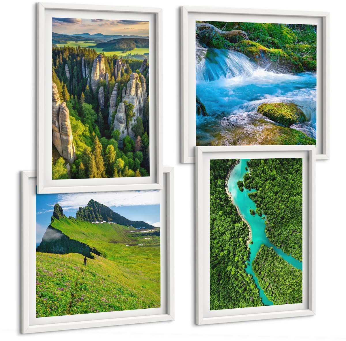 Wallfluent 4-Delige Schilderij Set - Groene Berglandschappen Met Rivier En Rotsen - 40 x 40 En 40 x 60 - Schilderijen Set - Wanddecoratie - Woonkamer - Interieur Decoratie