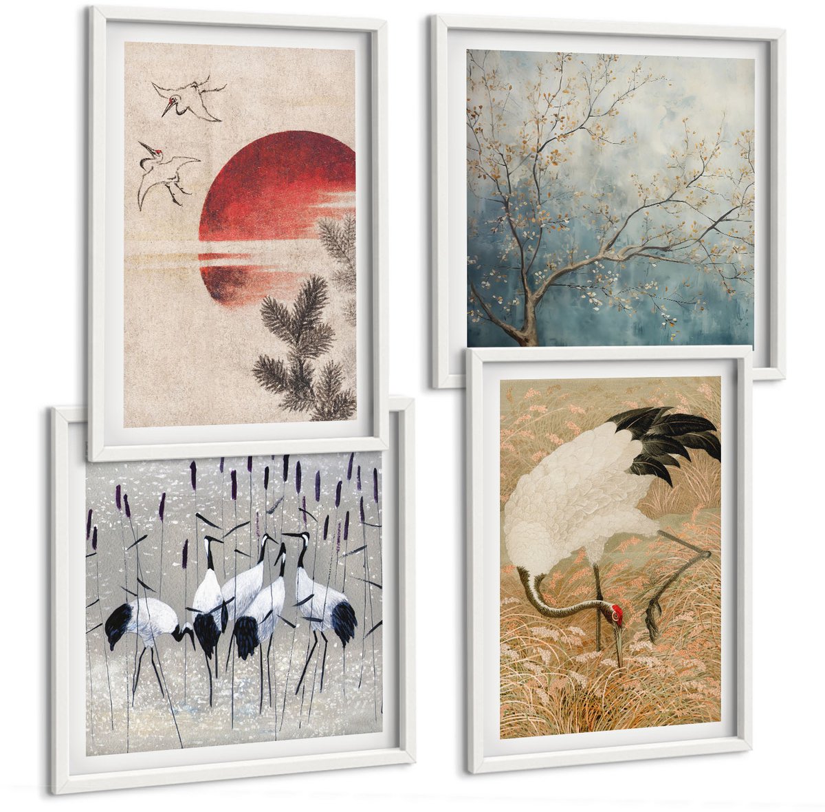 Wallfluent 4-Delige Schilderij Set - Illustraties Van Japanse Kraanvogels Japandi Landschap - 40 x 40 En 40 x 60 - Decoratieve Muurdecoratie - Slaapkamer