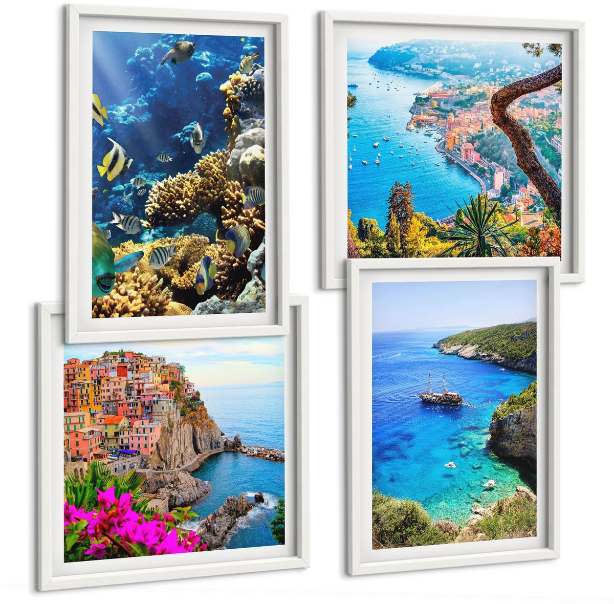 Wallfluent 4-Delige Schilderij Set - Uitzicht Op Zee Met Kleurrijke Huizen En Een Koraalrif. - 40 x 40 En 40 x 60 - Decoratieve Schilderijen - Wanddecoratie - Hal - Muurdecoratie