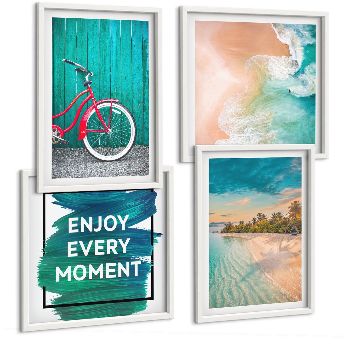 Wallfluent 4-Delige Schilderij Set - Zeezicht Met Boot En Fiets, Inspirerende Belettering - 40 x 40 En 40 x 60 - Decoratieve Schilderijen - Wanddecoratie - Hal