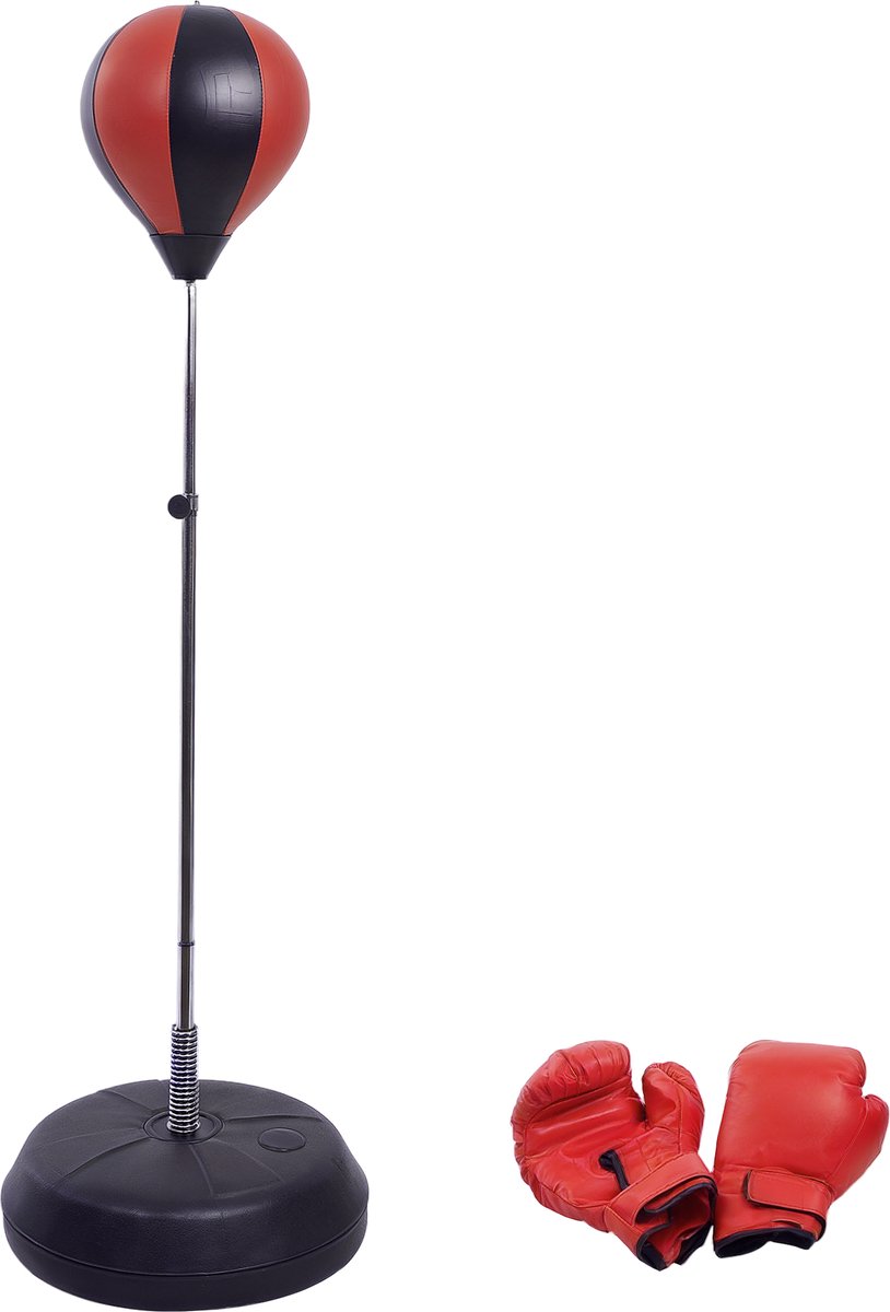 Vrijstaande bokszak met 4 verstelbare hoogtes (126-144 cm), met water of zand te vullen voet, handschoenen en pomp voor tieners, rood en zwart.