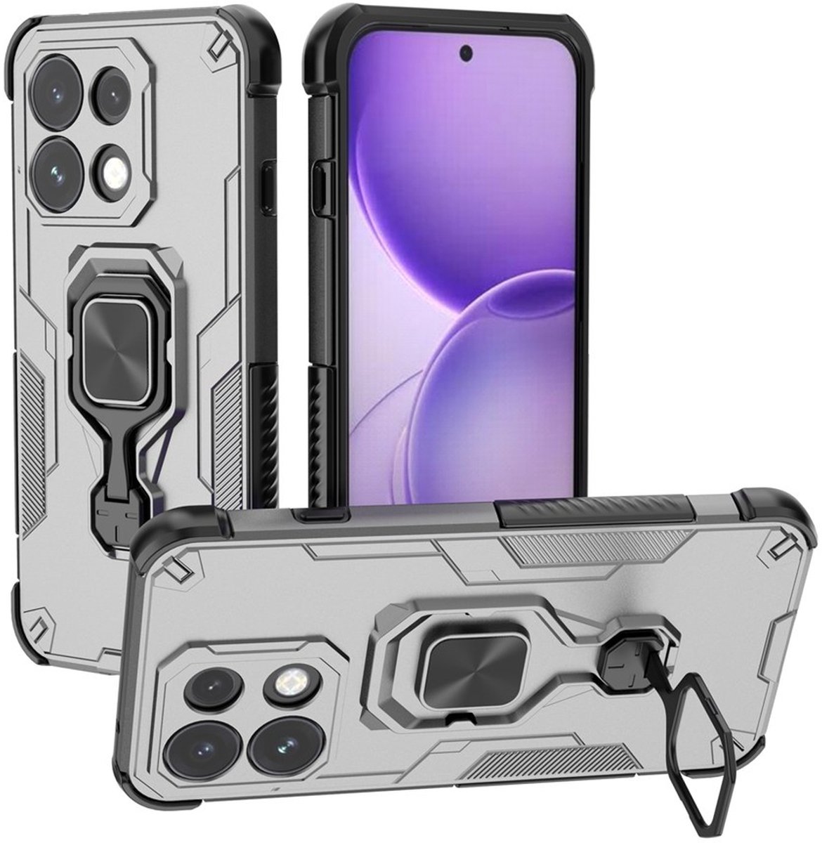 MobyDefend Hoesje - Geschikt voor Oppo Reno16 F/FS - Dubbelgelaagde Pantsercase Met Standaard - Zilvergrijs
