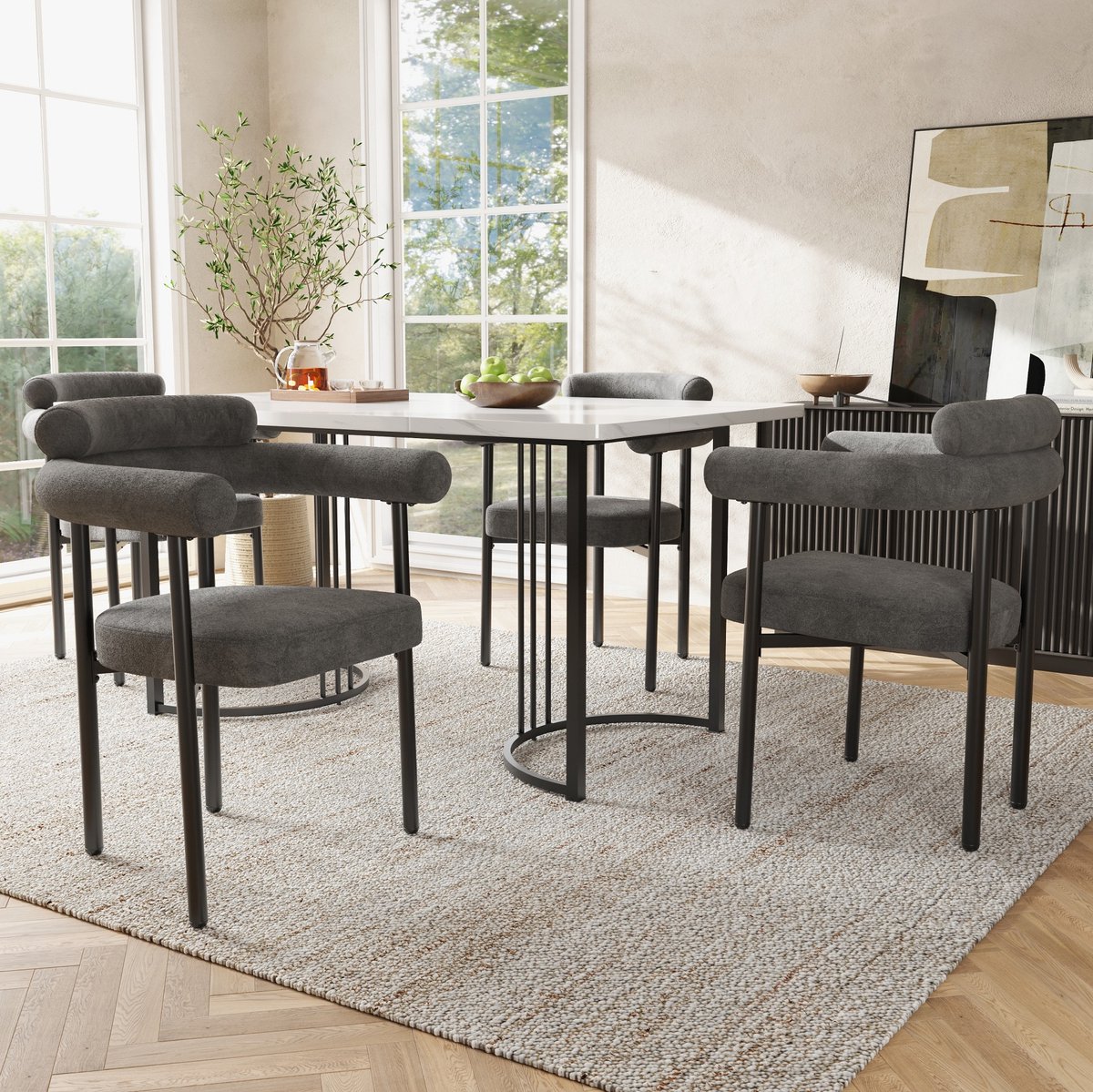 Wishdor Set tafel en stoelen - Vijfdelig - 4 stoelen - Strakke metalen poten - Moderne stijl - Eetkamer keuken restaurant - Metaal - Donkergrijs wit - 140 x 80 x 75 cm