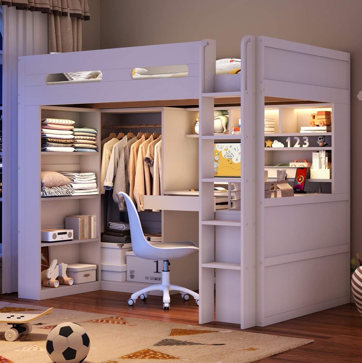 REDOM Hoogslaper - Ingebouwd bureau en open kast - Opbergruimte met lade en planken - Met LED-verlichting en USB-aansluiting - Voor slaapkamer en studeerkamer - Hout en MDF - Wit - 90 x 200 cm