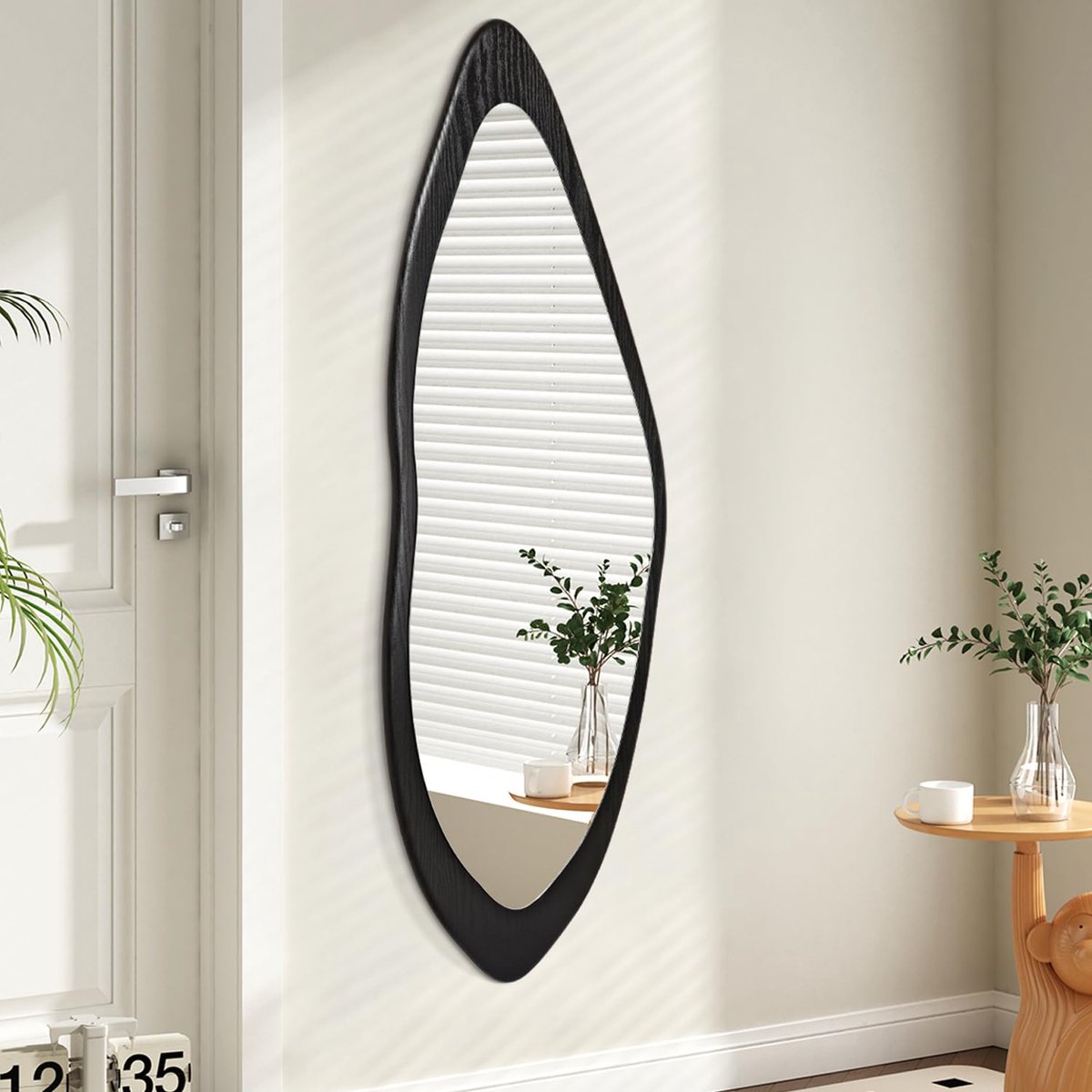 Famanu Onregelmatige wandspiegel van volledige lengte met houten lijst, 120 x 40 cm, zwart, voor slaapkamer en woonkamer