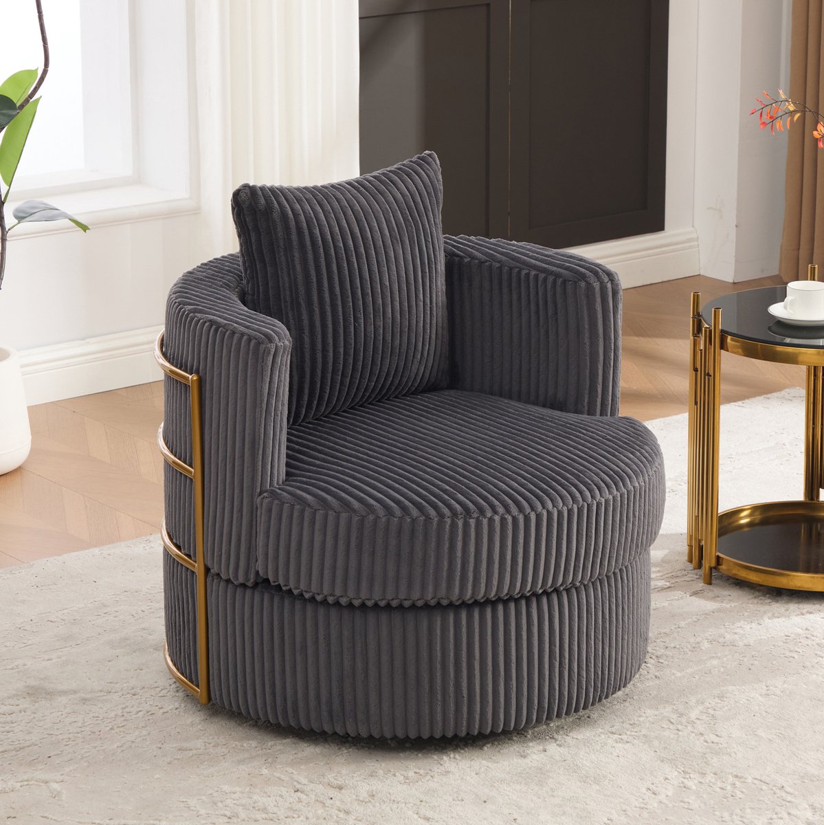 REDOM - Fauteuil - 360° draaibaar - Met opbergruimte onder de zitting - Met armleuningen en gewatteerde zitting - Cord - Grijs - 76 x 79 x 78 cm