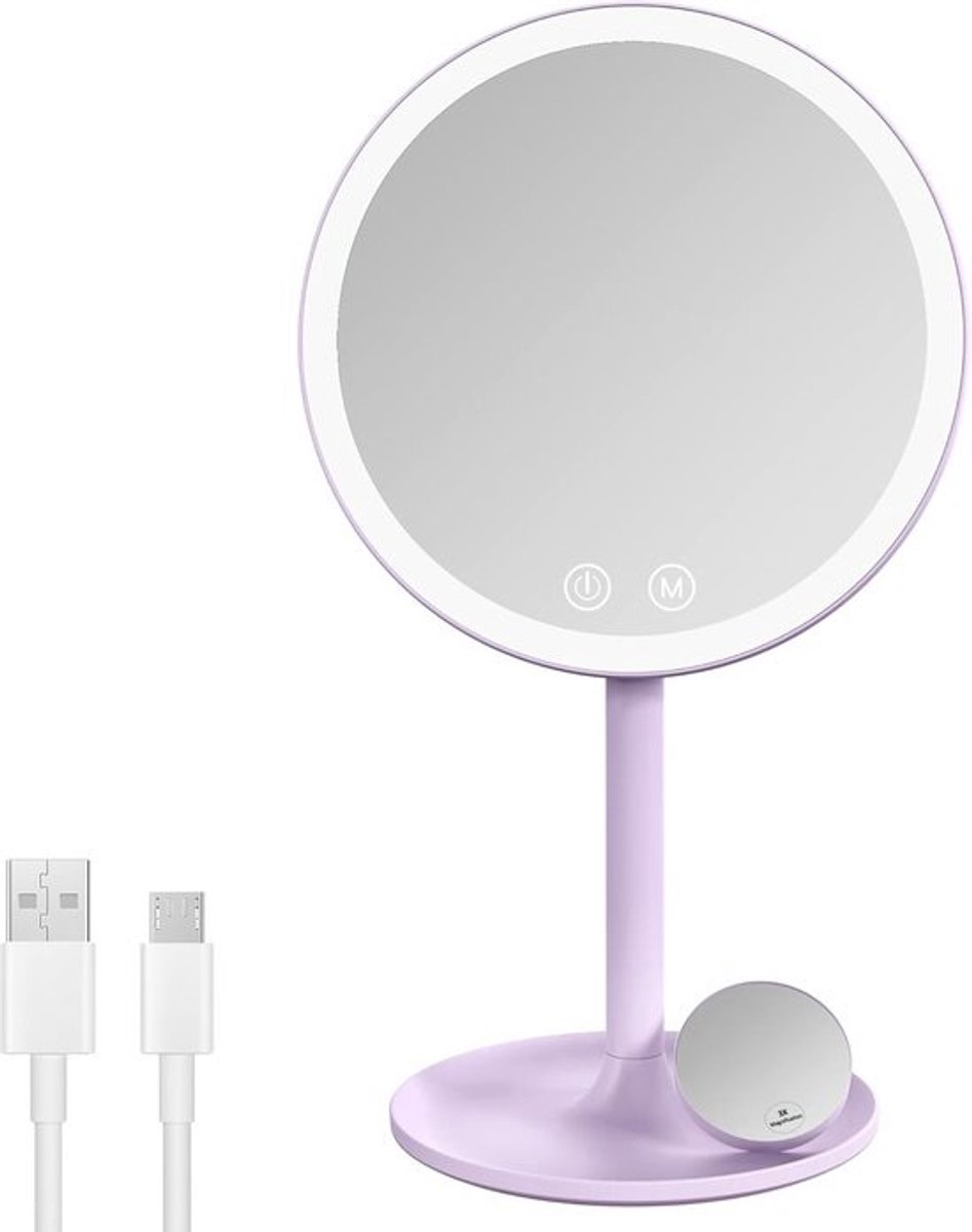 Make-upspiegel met verlichting oplaadbaar - tafelspiegel 1/3x vergroting - touch-schakelaar en geheugenfunctie - automatische uitschakeling - paars
