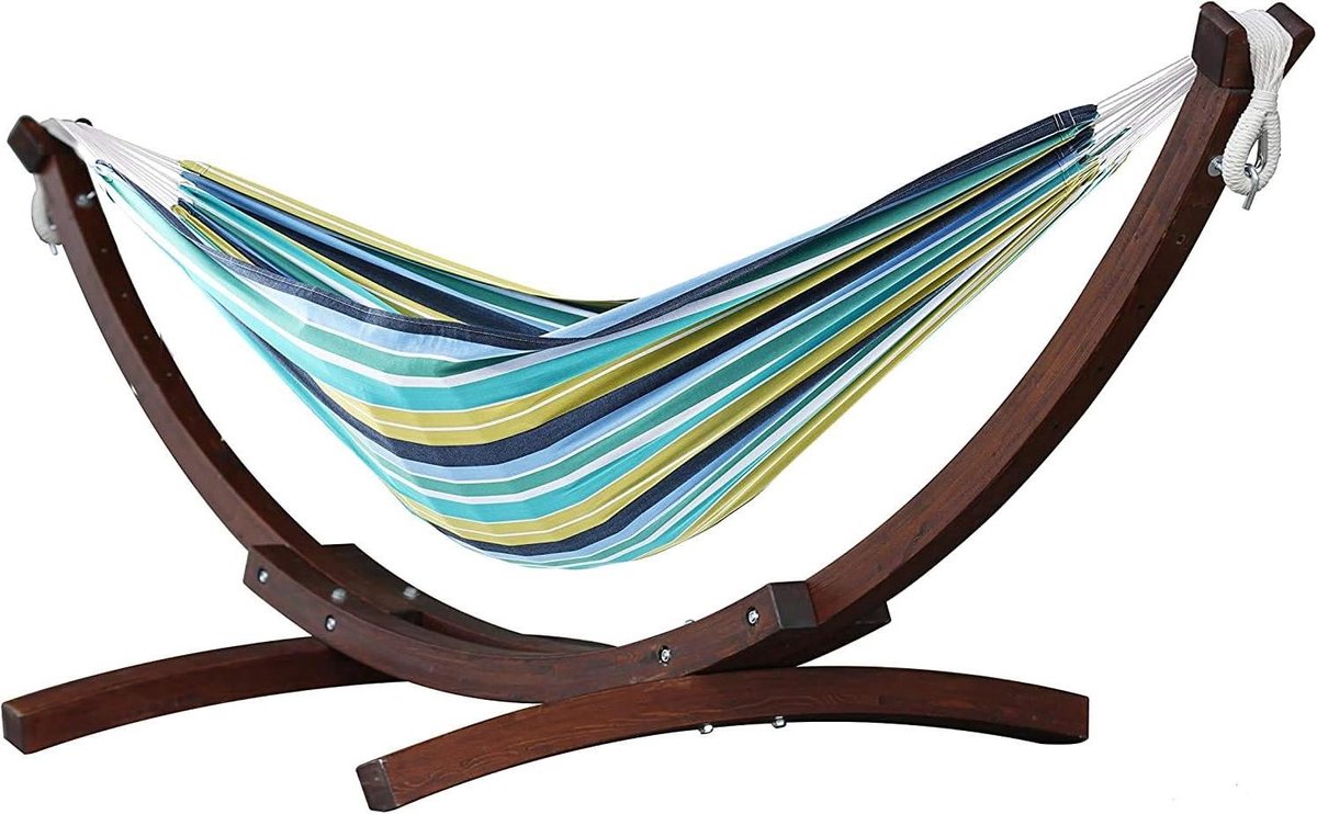 Dubbele Hangmat - Katoenen Relaxplek - Buiten Ontspannen - Massief Houten Standaard - 204 kg capaciteit - Cayo Reef