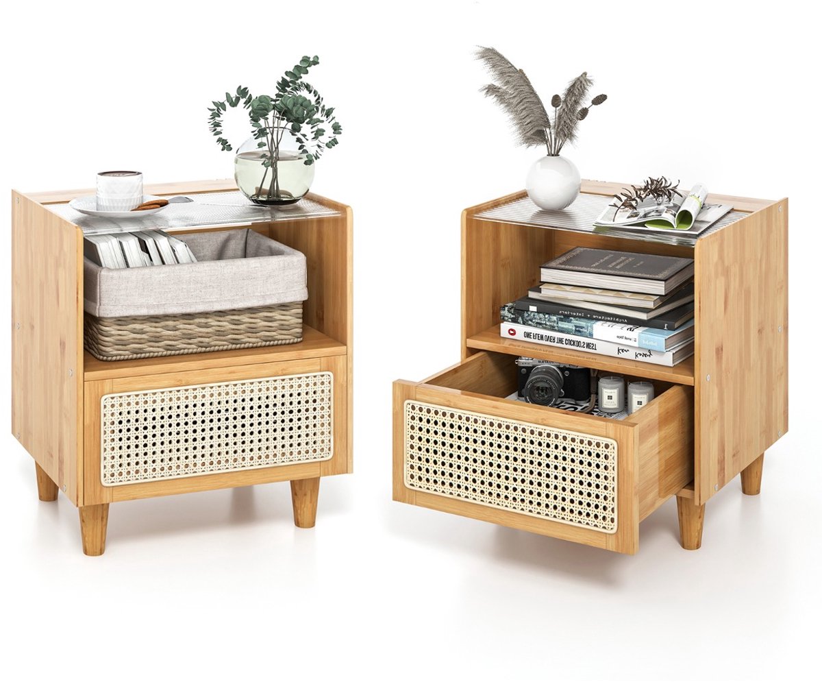 SureDeal® - Nachtkastje - Rotan Bamboe - Lade Bijzettafel - Glazen Tafelblad - Open Vak Sofatafel - 43x35x50 cm - Natuur
