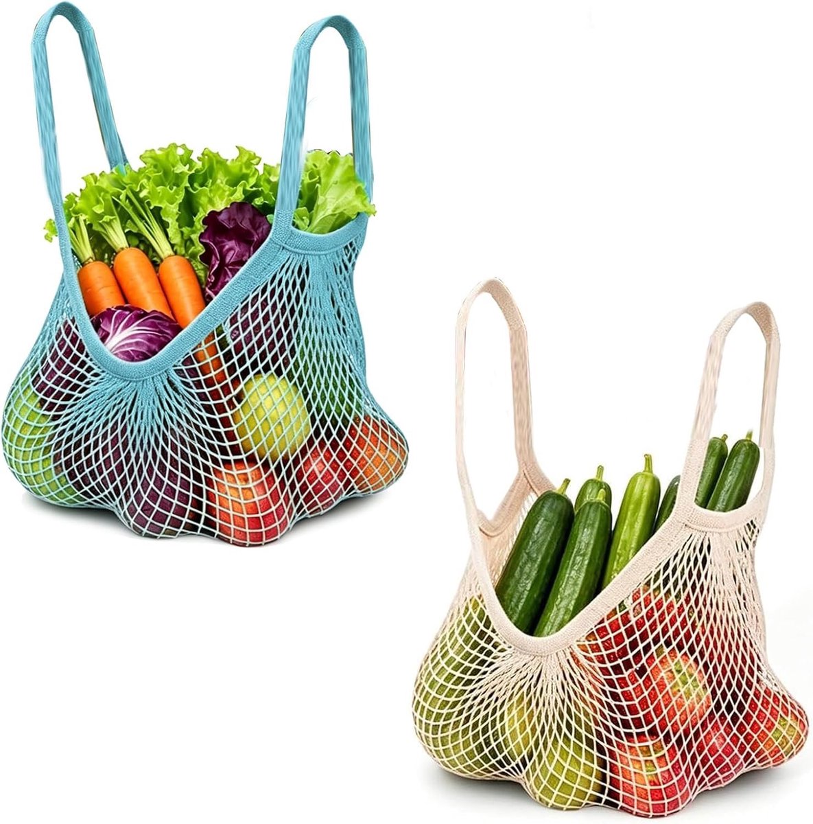 Herbruikbare Katoenen Mesh Boodschappentassen, 2-Pack voor Duurzaam Winkelen en Organisatie
