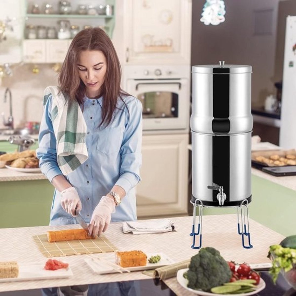 Waterfilter Standaard - Dispenser Houder - Aanrecht Organisatie - Hoge Roestvrijstalen Constructie - 8 inch hoog - Zilver