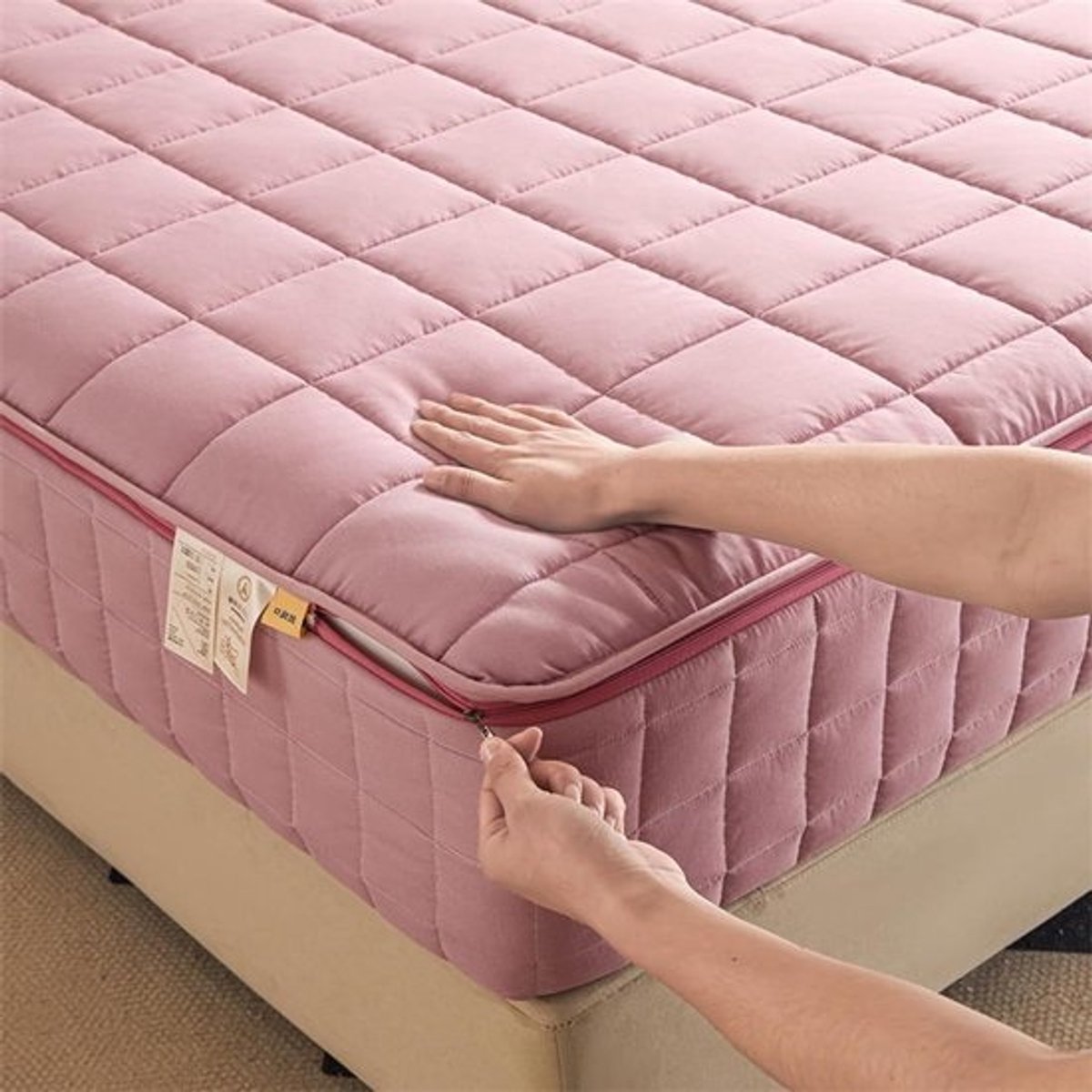 Gewatteerde Matrasbeschermer - Matrashoes Rits - Matras Beschermen - Volledige Ritssluiting - 190 x 200 + 30 cm - Roze