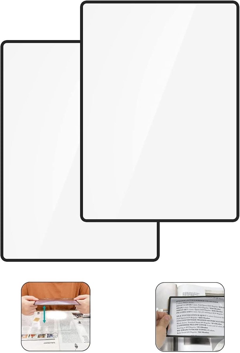 Set van 2 A4 vergrootglazen, full page, 3x vergroting, ideaal voor slechtzienden, boeken lezen, en als boekenlegger gebruik