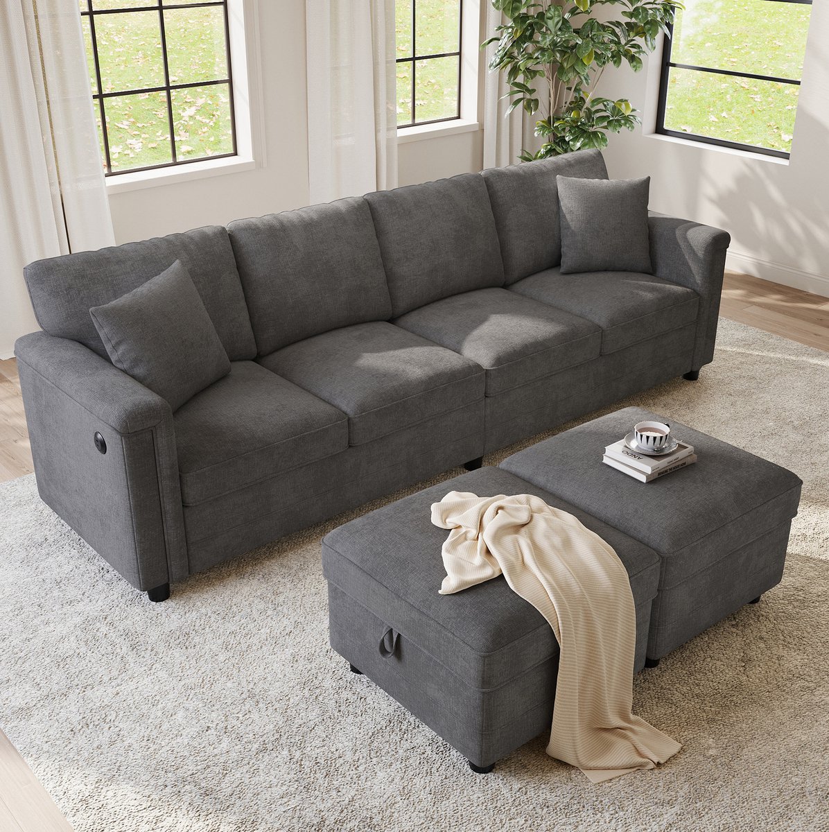 MODENUIT Hoekbank Set 261 x 134 x 82 cm - L- en U-vorm - Met 2 Opberghockers en 2 Kussens - Chenille - Grijs